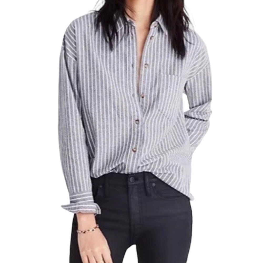 Madewell Grey & White Westward Striped Flannel Shirt Size Small
